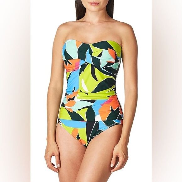 Anne Cole Polynesian Palm Twist Front Shirred Bandeau ONE Piece Size 12 - Picture 1 of 14